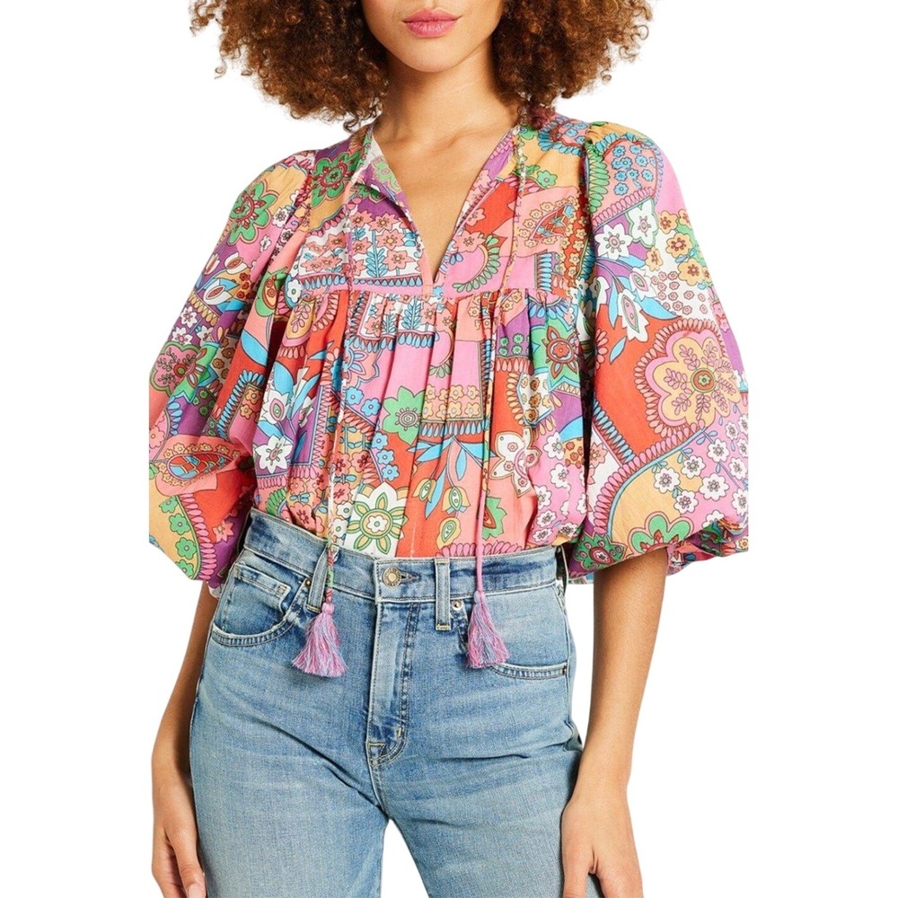Mille Resort & Travel Floral Puff Sleeve Tassel Peasant Blouse Top Womens XS